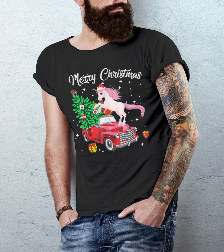Merry Christmas Unicorn Pink Pony On Red Truck With Christmas Tree And Gifts T-Shirt