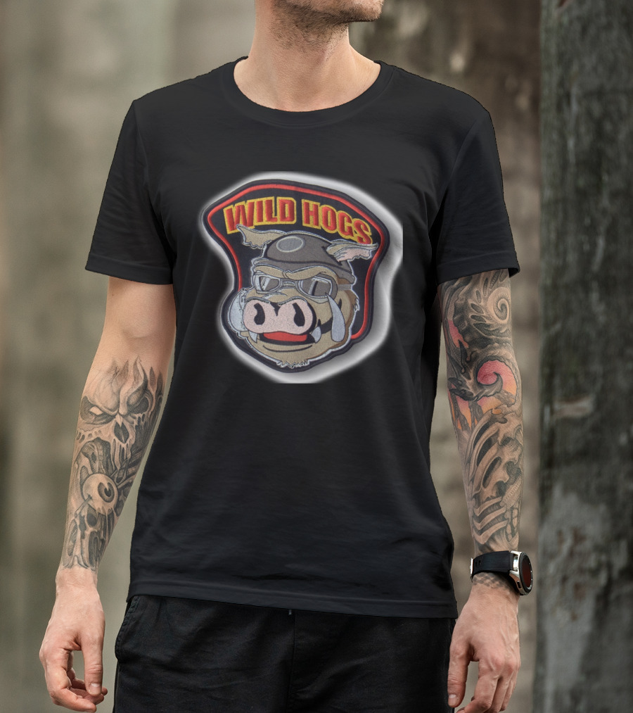 WILD HOGS Cartoon Boar Wearing Biker Helmet And Goggles T-Shirt