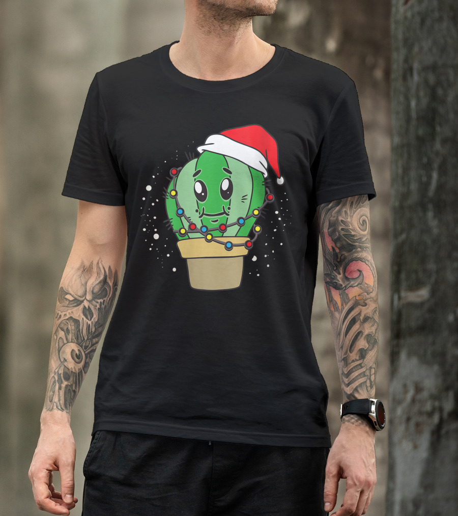 Christmas Lights Santa Hat Cactus Lover T-Shirt