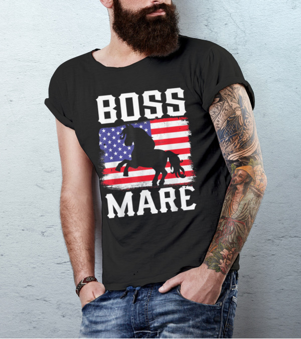 BOSS MARE AMERICAN USA HORSE LOVER RIDING FLAG T-Shirt