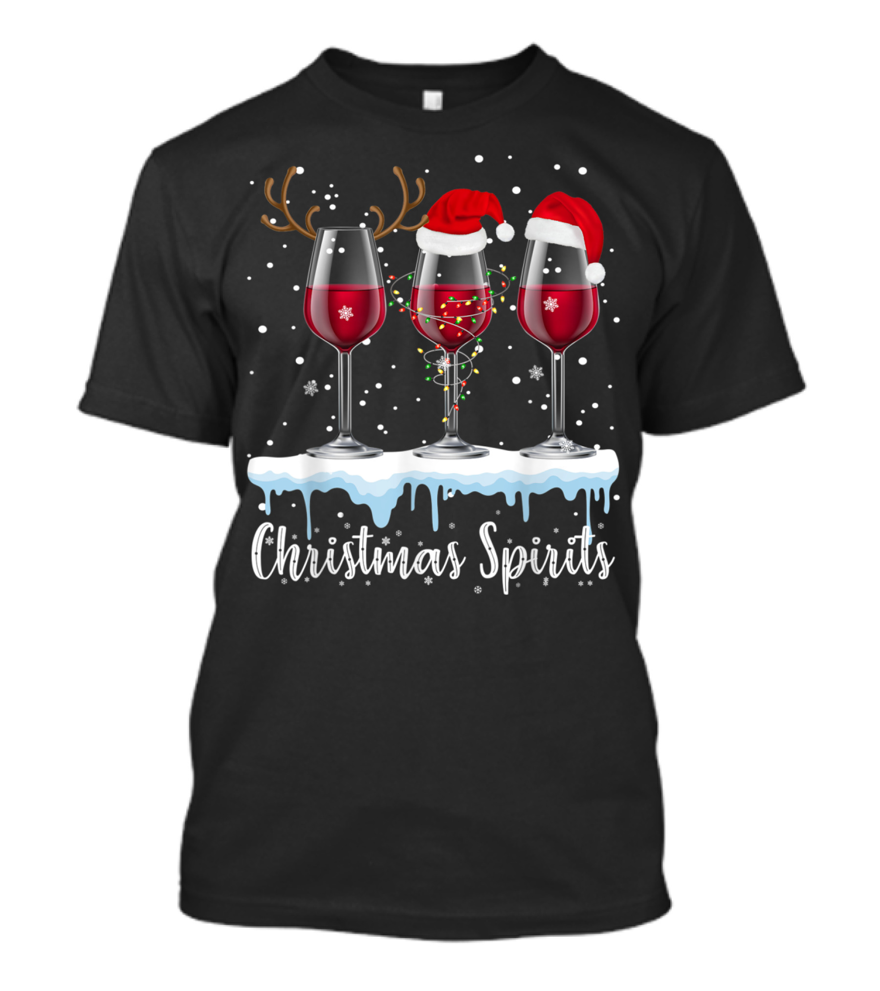 Christmas Spirits Wine Glass Santa Hats Reindeer String Lights T-Shirt