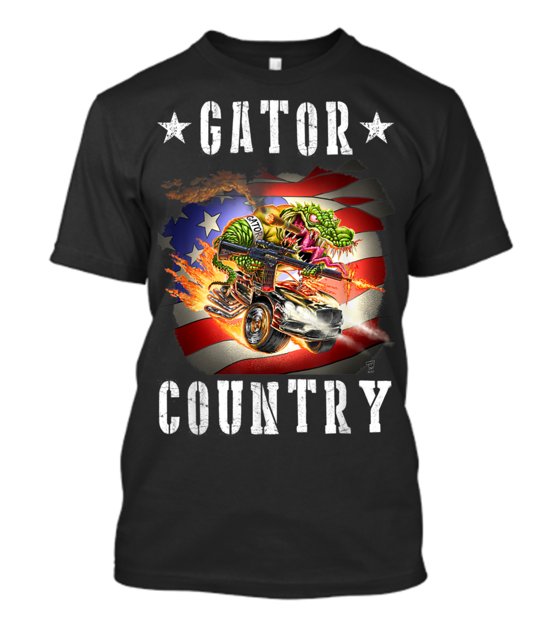GATOR COUNTRY USA Flag Alligator With Gun Car Flames T-Shirt
