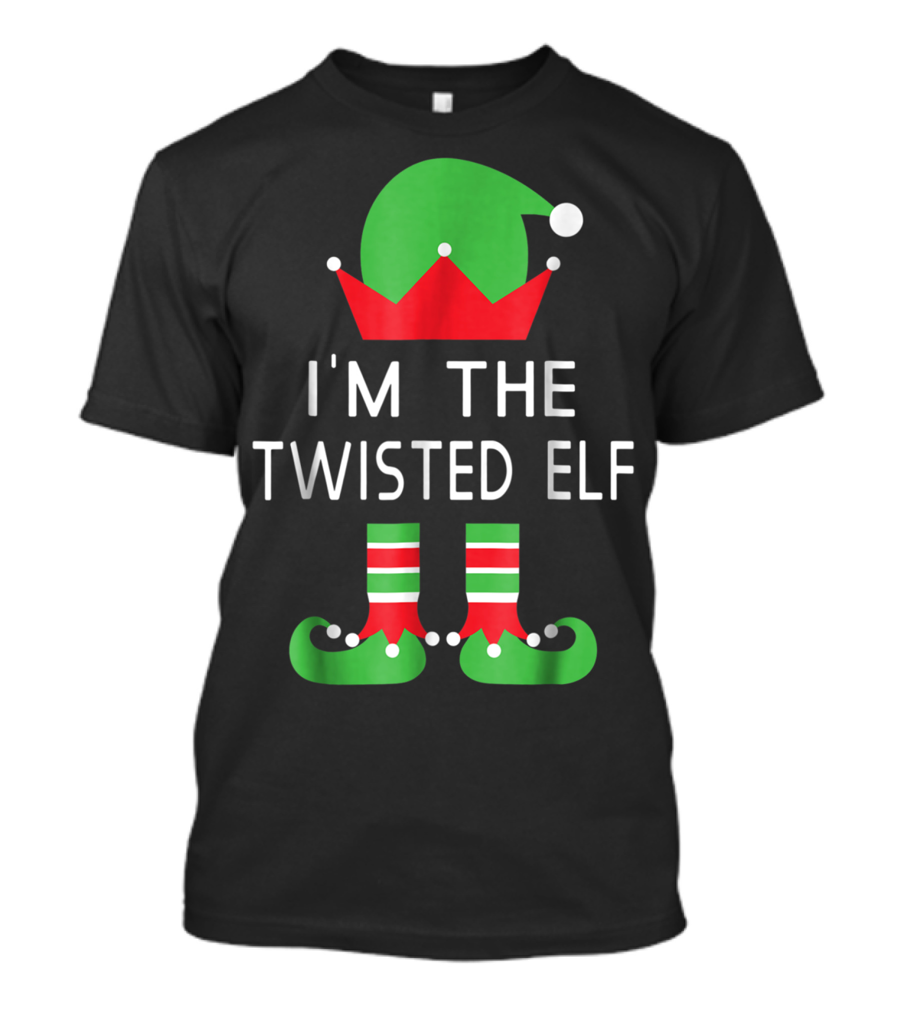 I'M THE TWISTED ELF Funny Christmas Costume Green Hat Red Shoes Striped Socks T-Shirt