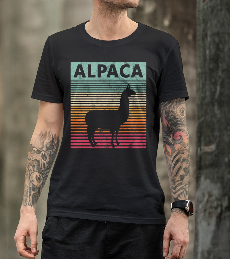 Alpaca Vintage Llama Silhouette Retro Stripes T-Shirt