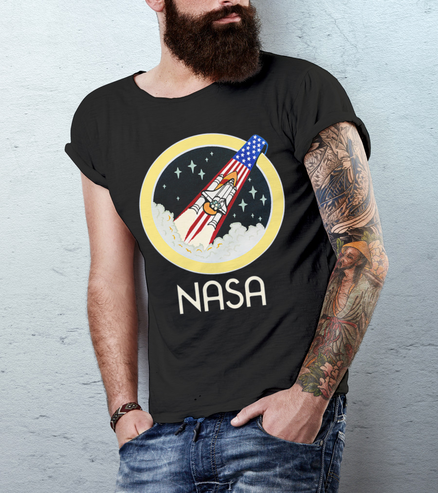 NASA Space Shuttle Launch Logo With Stars And United States Flag Elements T-Shirt
