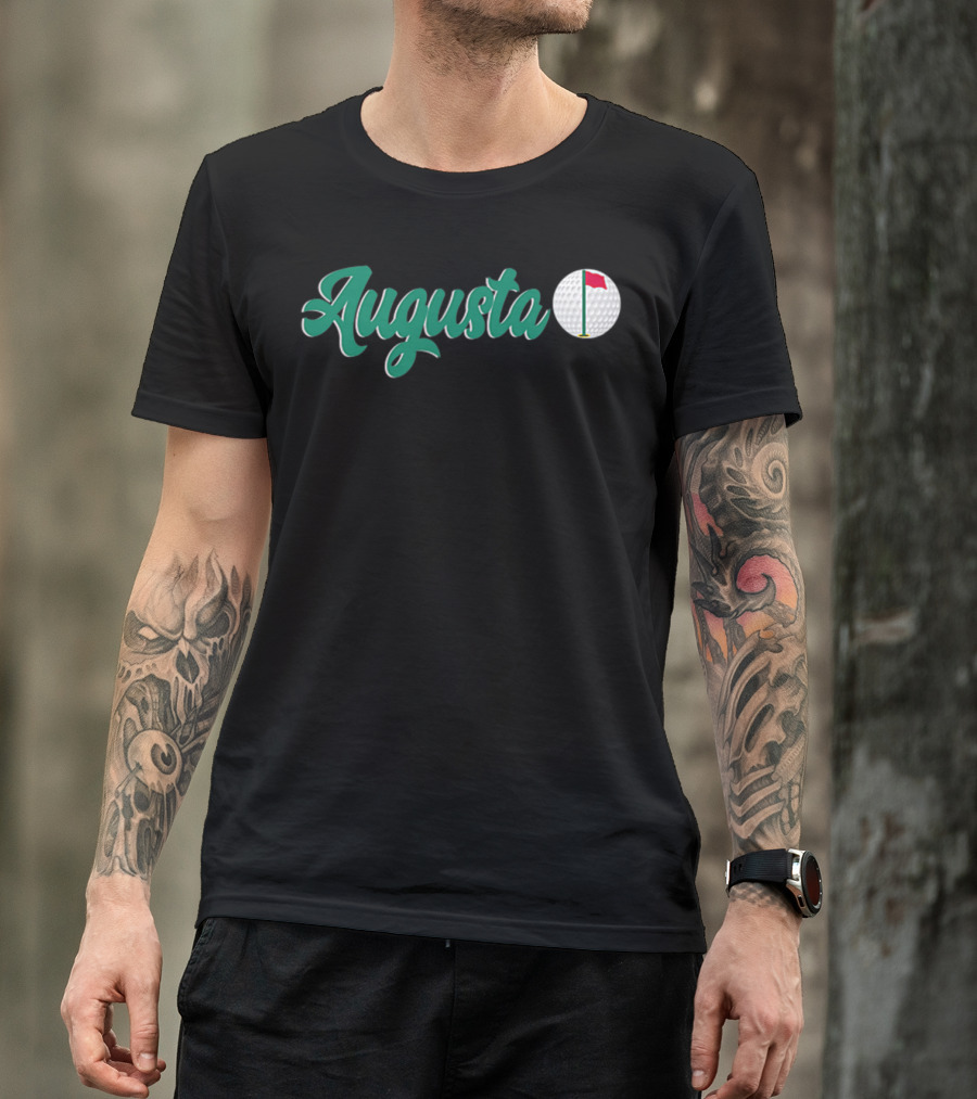 Augusta Golf Green Script With Golf Ball And Red Flag T-Shirt