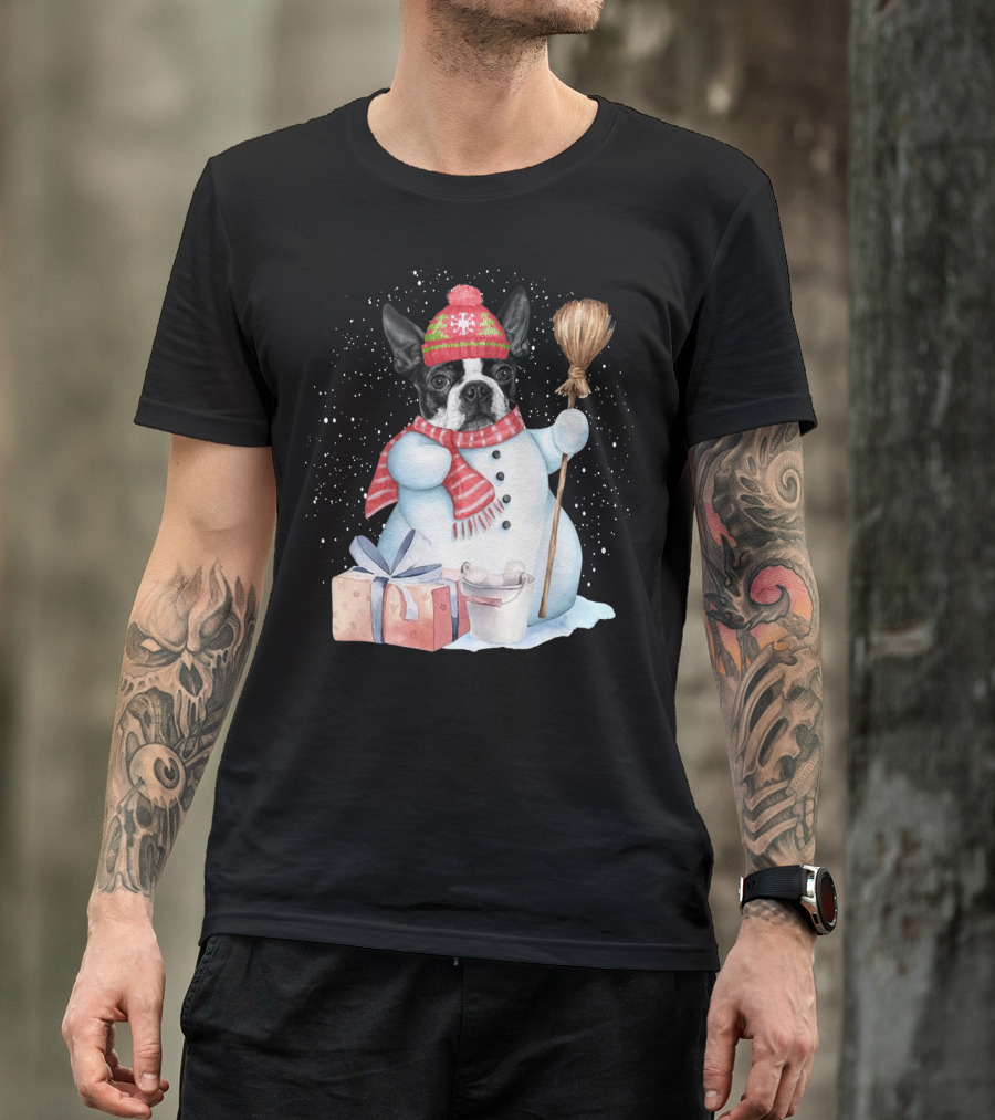 Boston Terrier Snowman In Festive Winter Wonderland T-Shirt