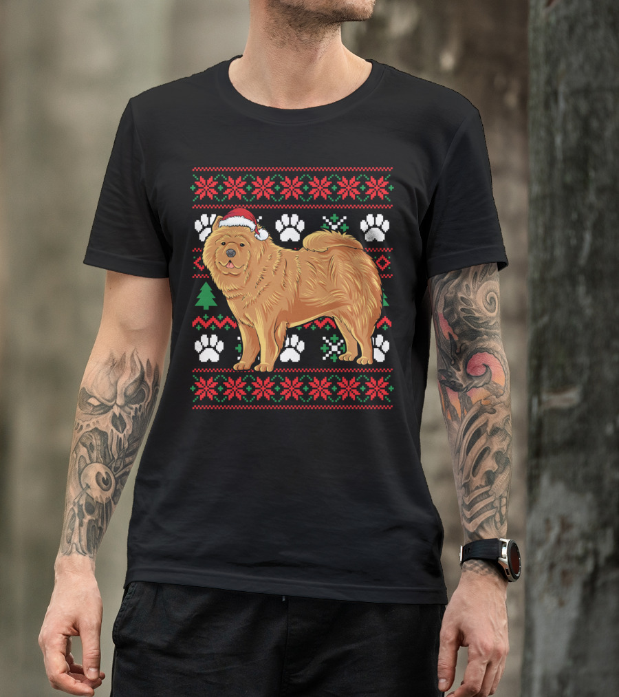 Chow Chow Santa Hat Ugly Christmas With Paw Prints And Snowflakes T-Shirt