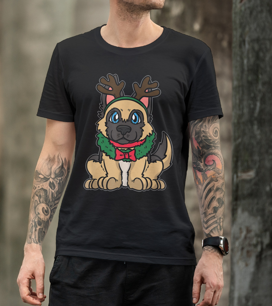 Cute Festive German Shepherd Puppy With Reindeer Antlers And Christmas Wreath T-Shirt