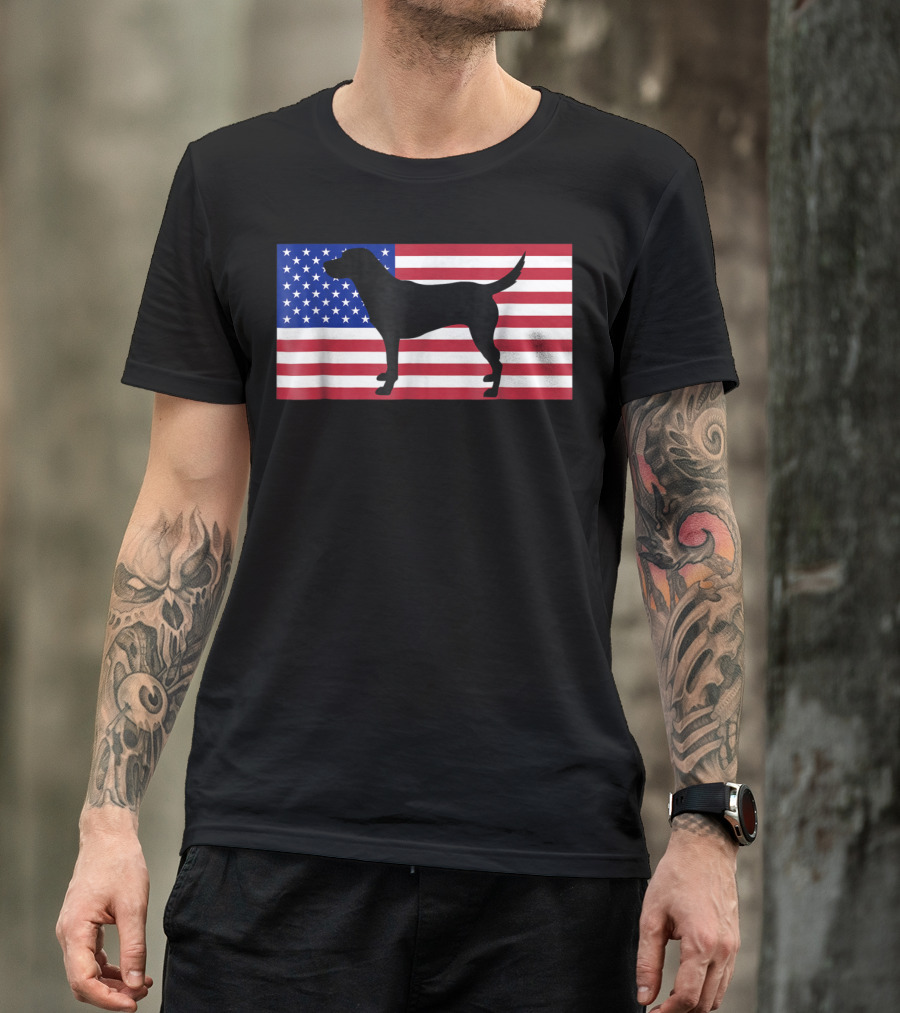 Labrador Retriever Silhouette On American Flag Background Patriotic 4th Of July USA T-Shirt