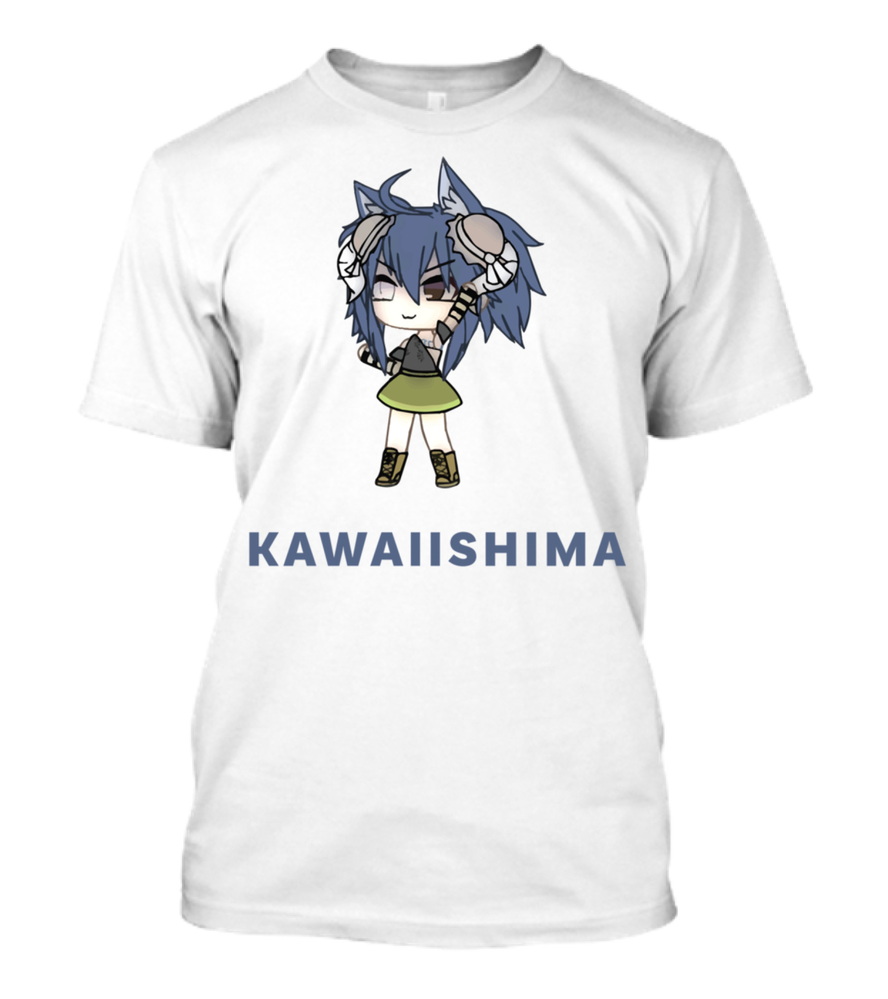 Kawaiishima Chibi Character With Blue Hair Ears And Green Skirt T-Shirt