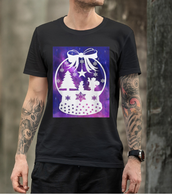Snow Globe Christmas Scene With Tree And Snowman On Galaxy Background T-Shirt