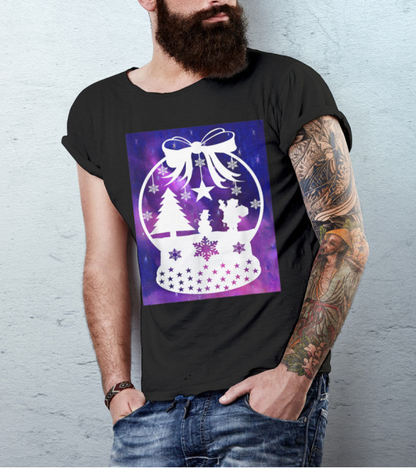 Snow Globe Christmas Scene With Tree And Snowman On Galaxy Background T-Shirt