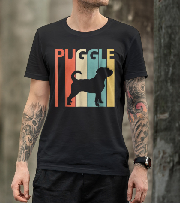 Vintage Puggle Silhouette Retro Stripes T-Shirt