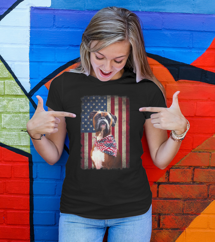 4Th Of July Boxer Dog Lovers Vintage American Flag Scarf T-Shirt