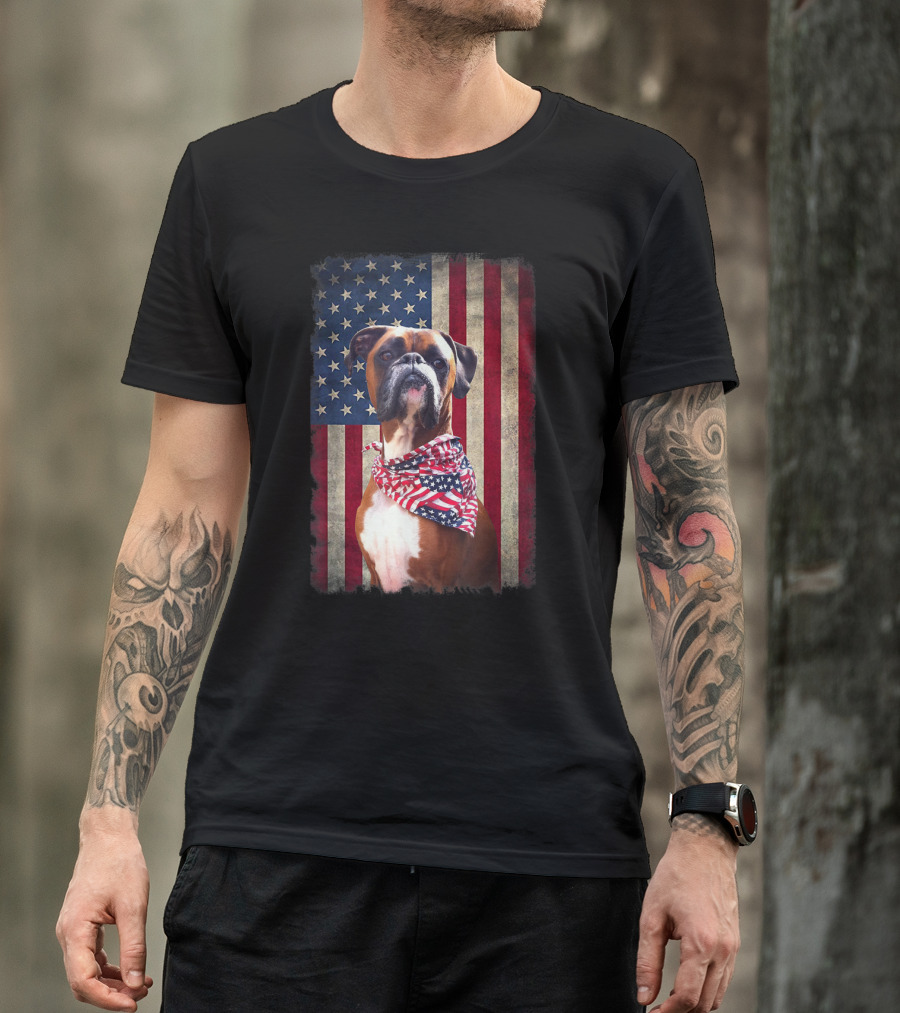 4Th Of July Boxer Dog Lovers Vintage American Flag Scarf T-Shirt