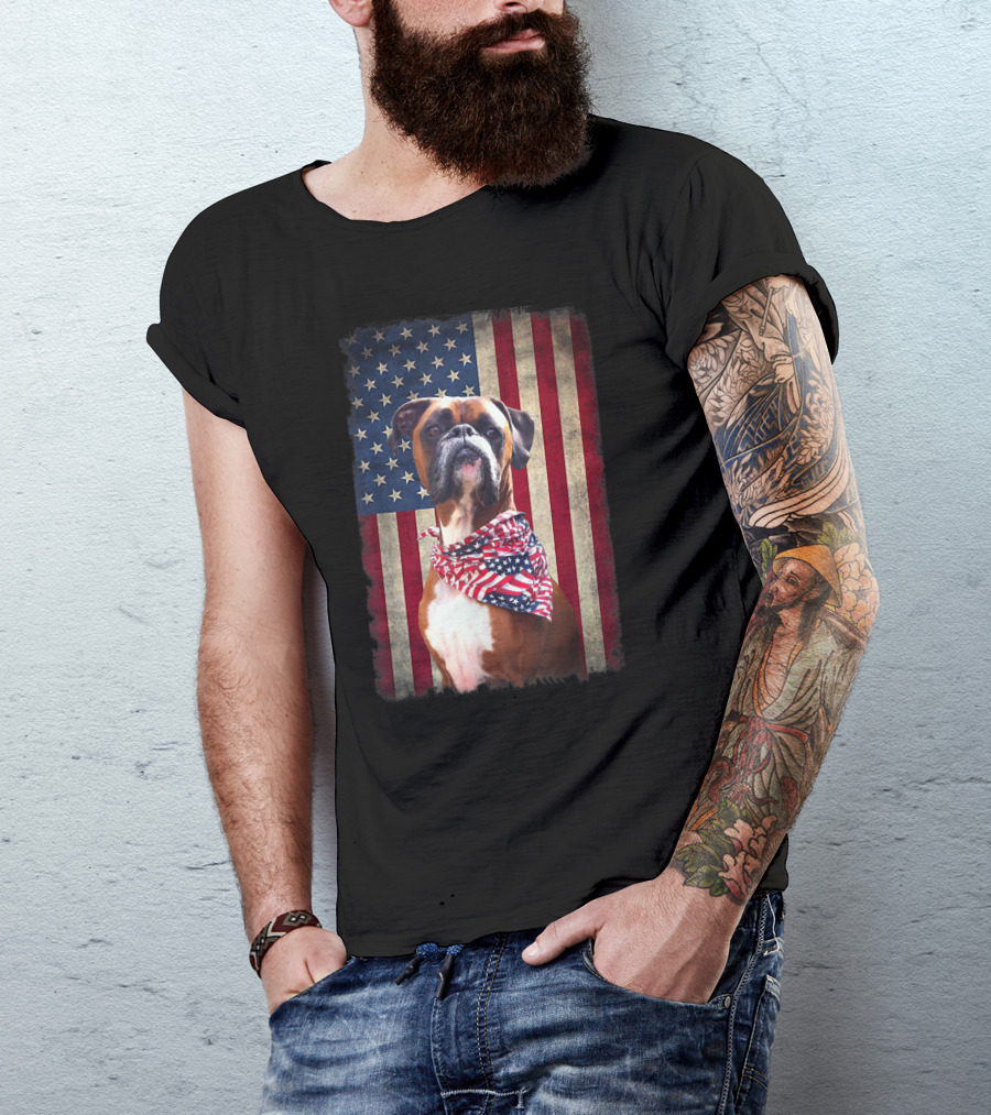 4Th Of July Boxer Dog Lovers Vintage American Flag Scarf T-Shirt