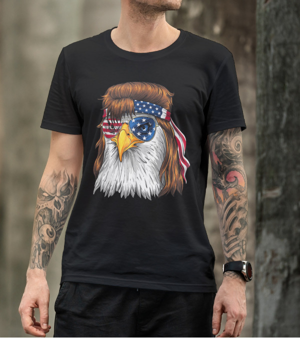 Funny 4Th Of July Bald Eagle Mullet With American Flag Bandana And Sunglasses T-Shirt