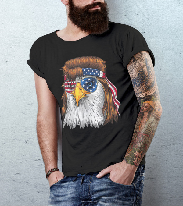 Funny 4Th Of July Bald Eagle Mullet With American Flag Bandana And Sunglasses T-Shirt