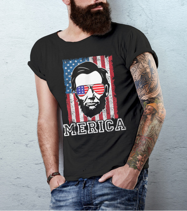 4Th Of July Merica Abraham Lincoln USA American Flag Sunglasses T-Shirt