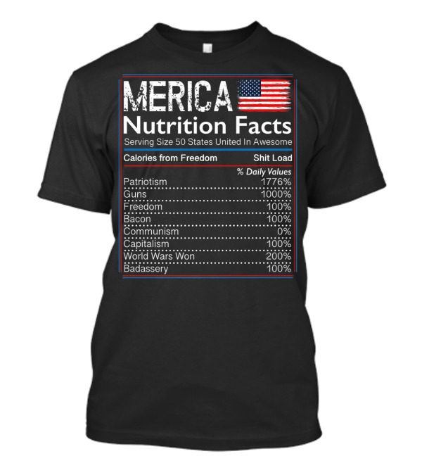 Merica Nutrition Facts Serving Size 50 States United In Awesome Calories From Freedom Shit Load Patriotism 1776% Guns Freedom Bacon Communism Capitalism World Wars Won Badassery T-Shirt