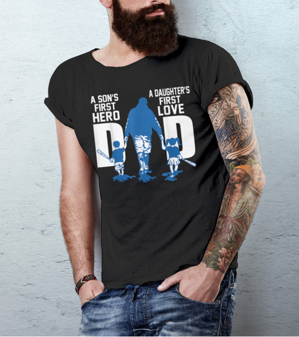 A Son's First Hero A Daughter's First Love Dad With Children Holding Baseball Bats T-Shirt