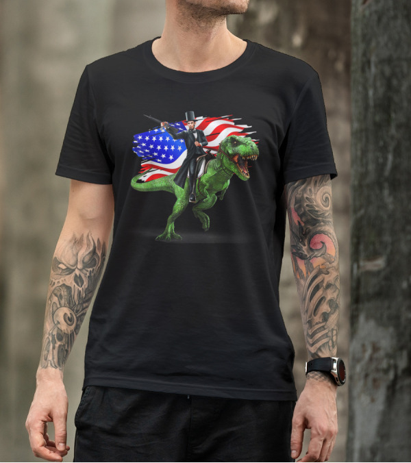 Abe Lincoln Riding Dinosaur With American Flag Funny 4th Of July USA T-Shirt