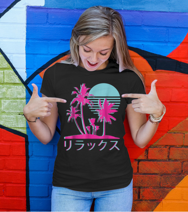 Aesthetic Vaporwave 1980s 1990s Otaku Relax Kanji Retro Palm Trees Sun T-Shirt