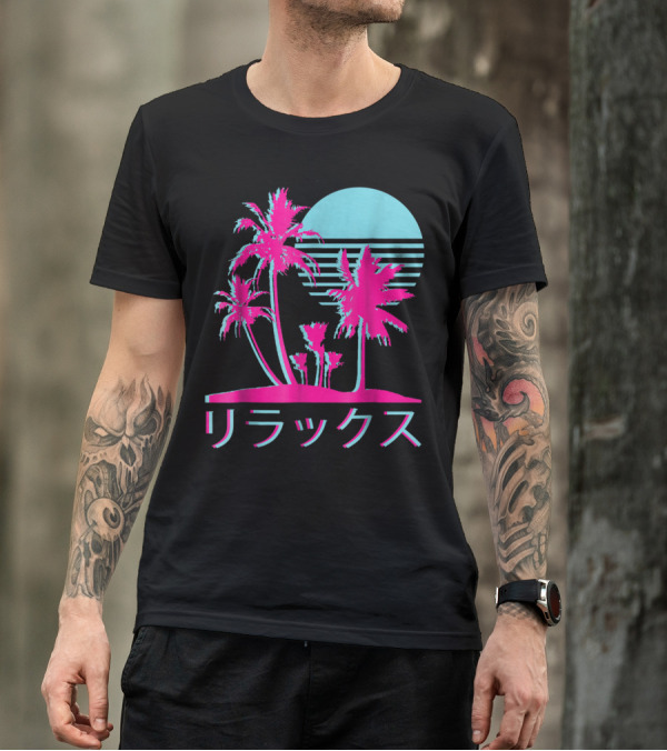 Aesthetic Vaporwave 1980s 1990s Otaku Relax Kanji Retro Palm Trees Sun T-Shirt