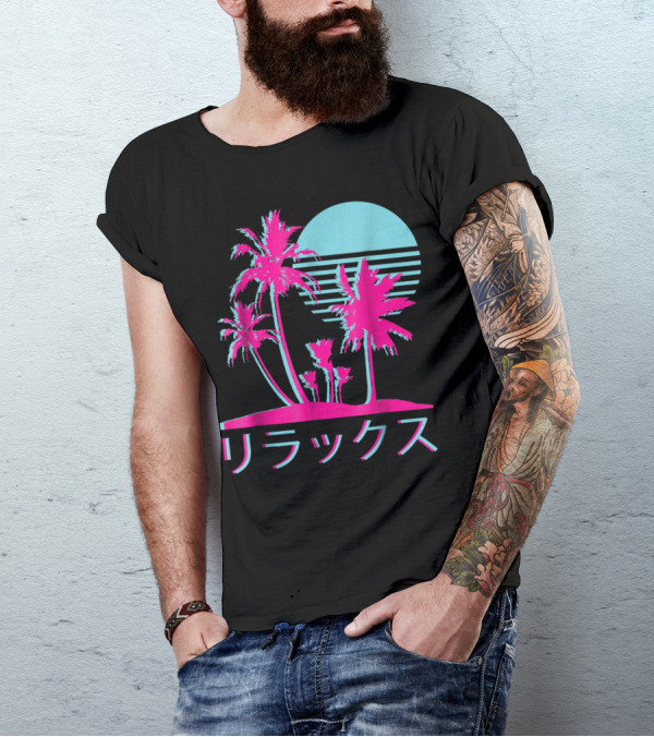 Aesthetic Vaporwave 1980s 1990s Otaku Relax Kanji Retro Palm Trees Sun T-Shirt