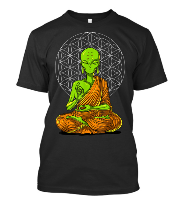 Alien Meditation Zen Namaste Buddha With Mandala Background T-Shirt