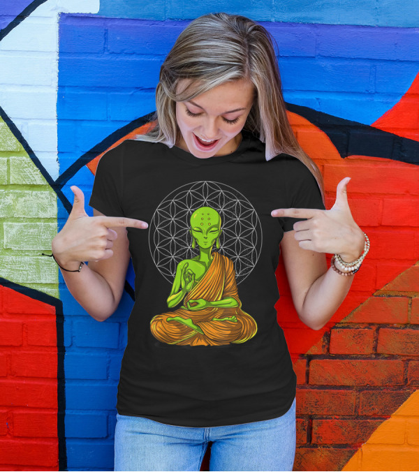 Alien Meditation Zen Namaste Buddha With Mandala Background T-Shirt
