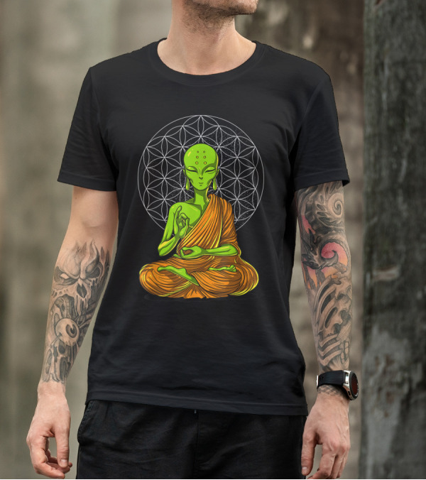 Alien Meditation Zen Namaste Buddha With Mandala Background T-Shirt