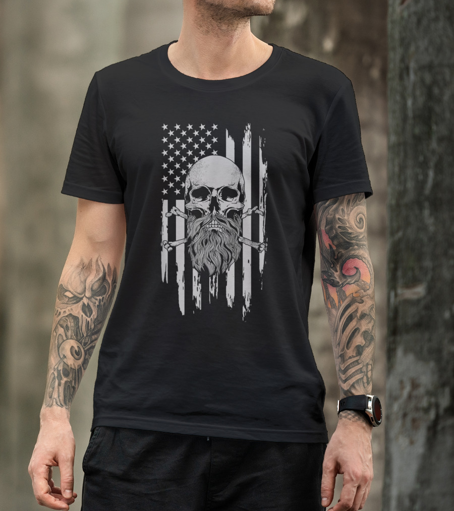 Bearded Skull And Crossbones With American Flag T-Shirt