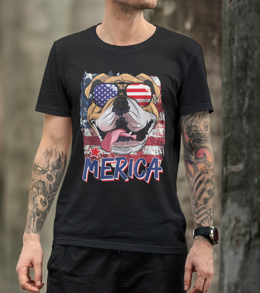 Merica American Flag English Bulldog Sunglasses 4th Of July T-Shirt