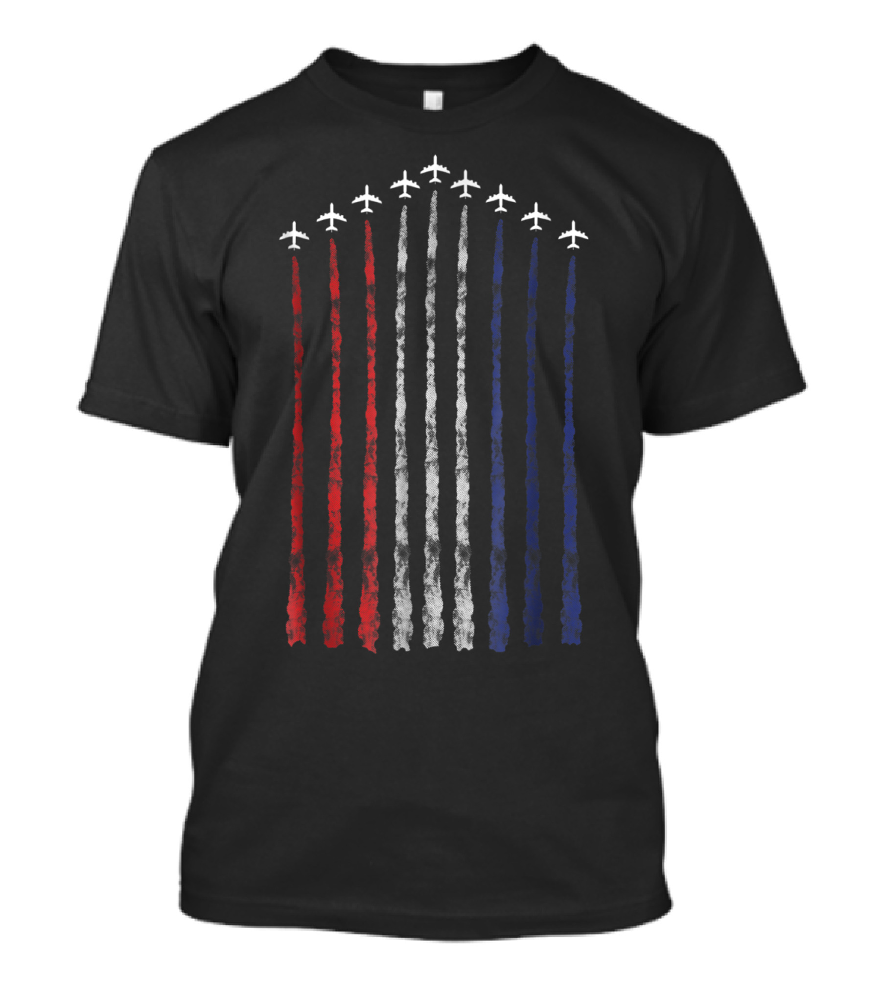 American Flag USA Fighter Jet Contrail Formation Red White Blue Stripes T-Shirt