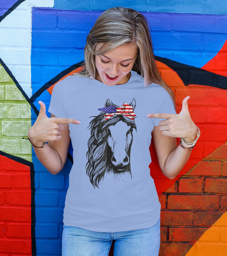 4th July US Flag Horse With Bandana T-Shirt