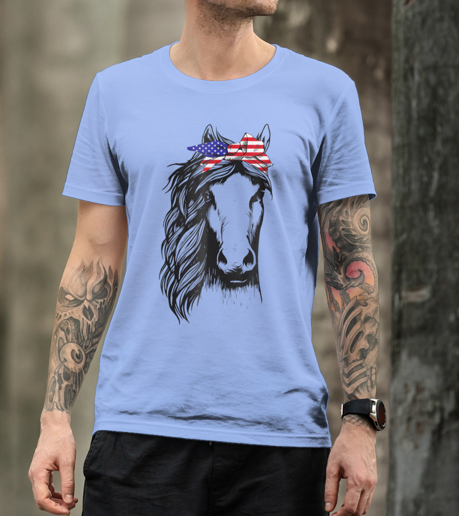 4th July US Flag Horse With Bandana T-Shirt
