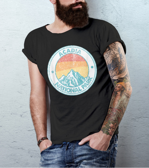 Acadia National Park Mountain Retro Vintage Sunset Badge T-Shirt