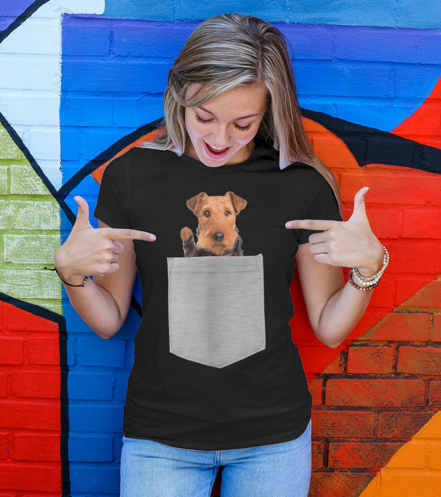 Airedale Terrier Dog Peeking From Pocket T-Shirt