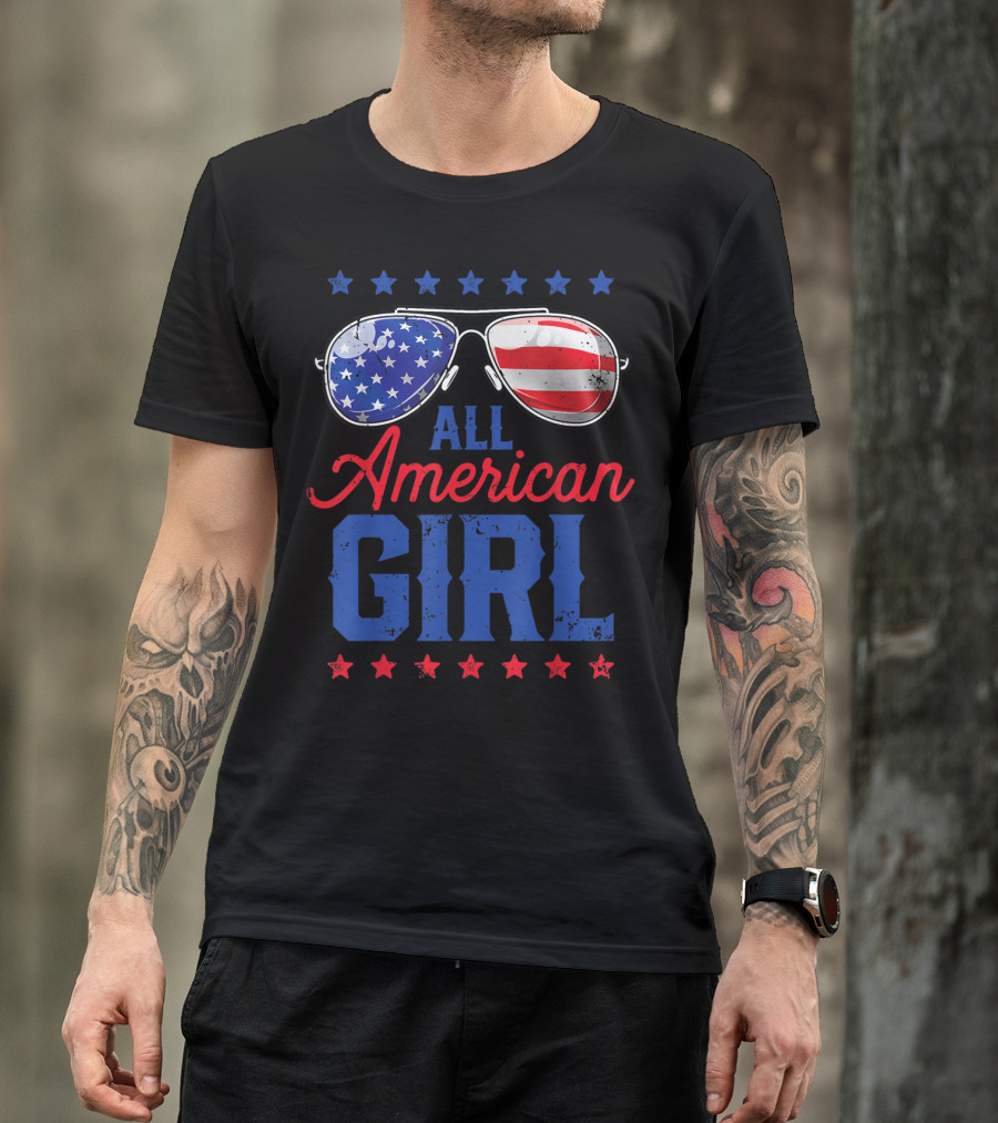 All American Girl Patriotic Stars And Stripes Sunglasses T-Shirt
