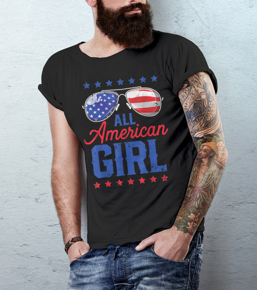 All American Girl Patriotic Stars And Stripes Sunglasses T-Shirt
