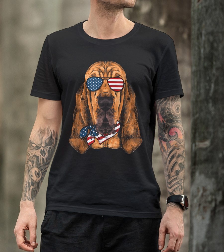Patriotic Bloodhound With American Flag Sunglasses And Bandana 4th Of July T-Shirt