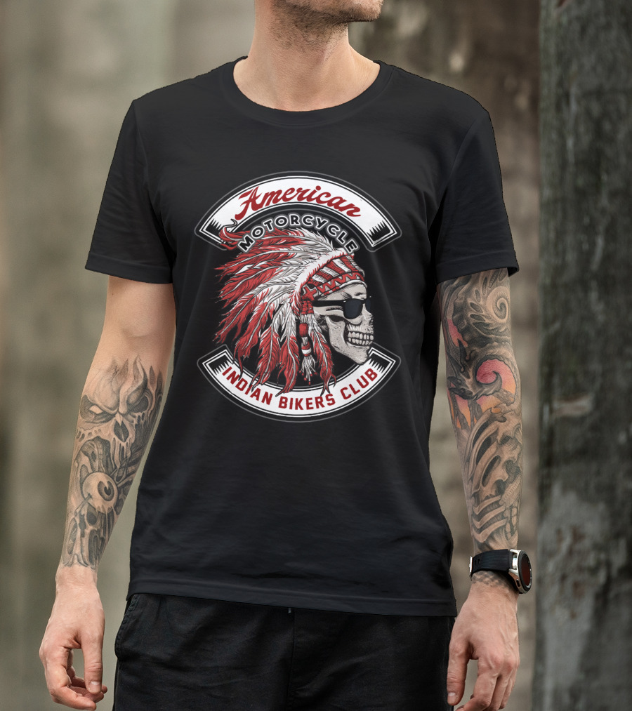 American Motorcycle Skull With Headdress Indian Bikers Club T-Shirt
