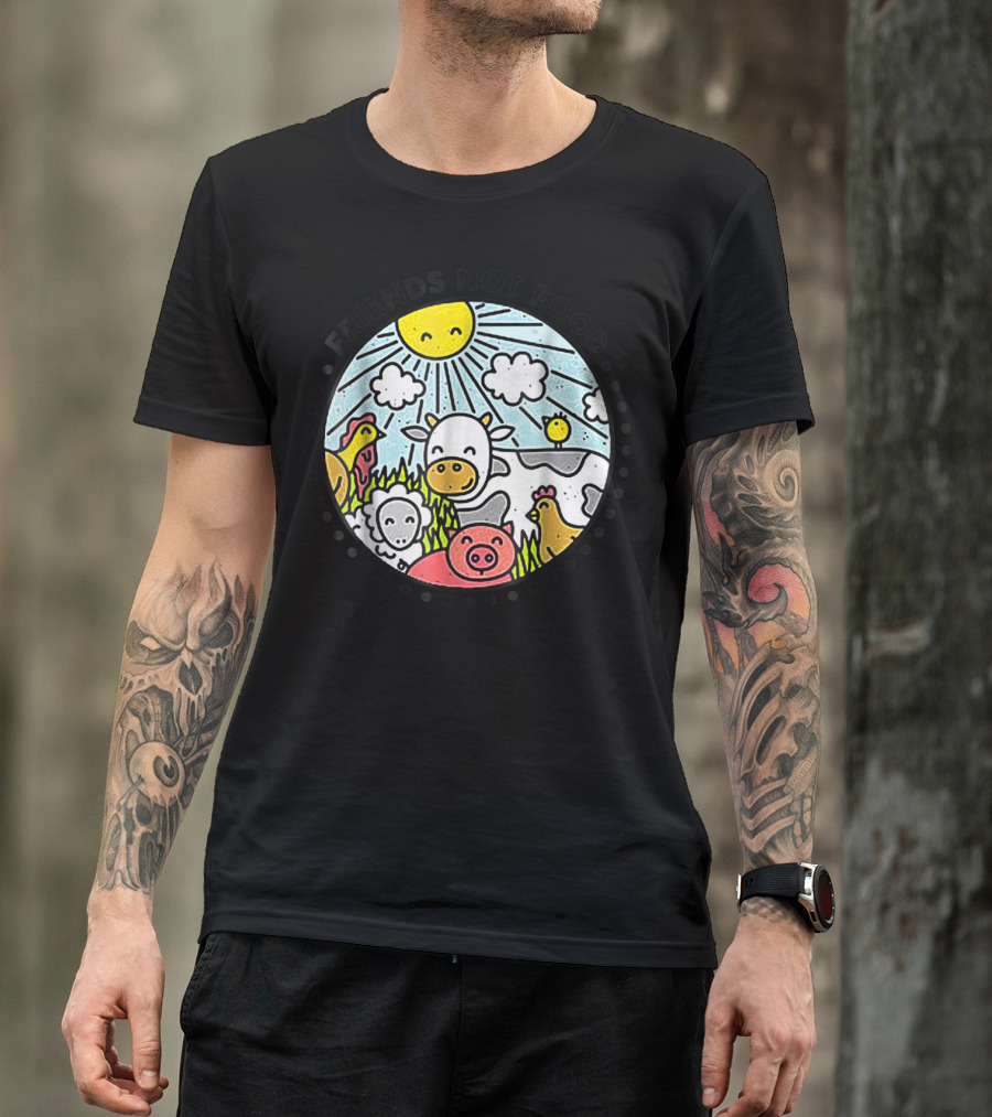 Animals Are Friends Not Food Vegan Vegetarian Cow Pig Chicken Sun Clouds T-Shirt