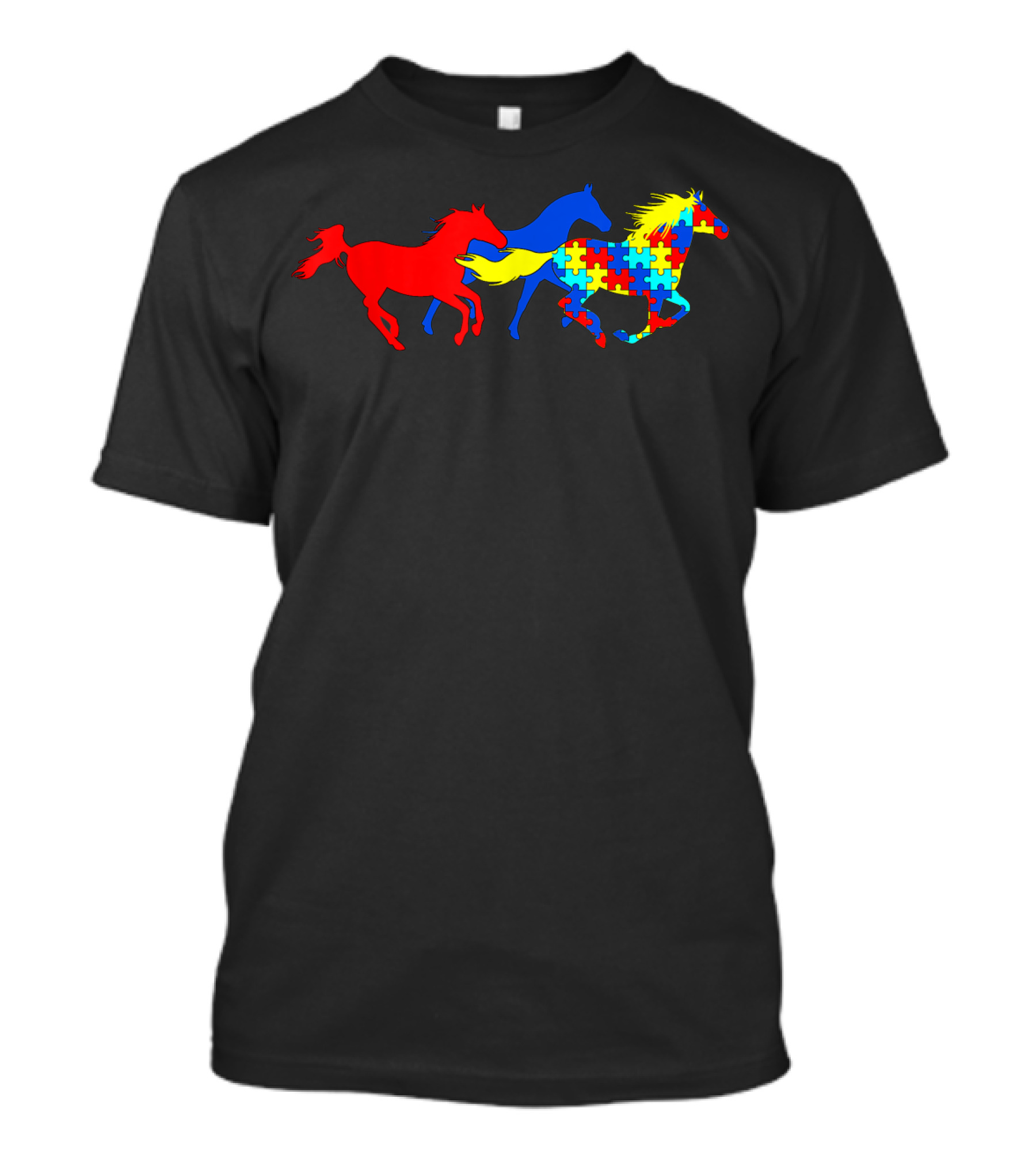 Autism Awareness Puzzle Pattern Horses Running T-Shirt