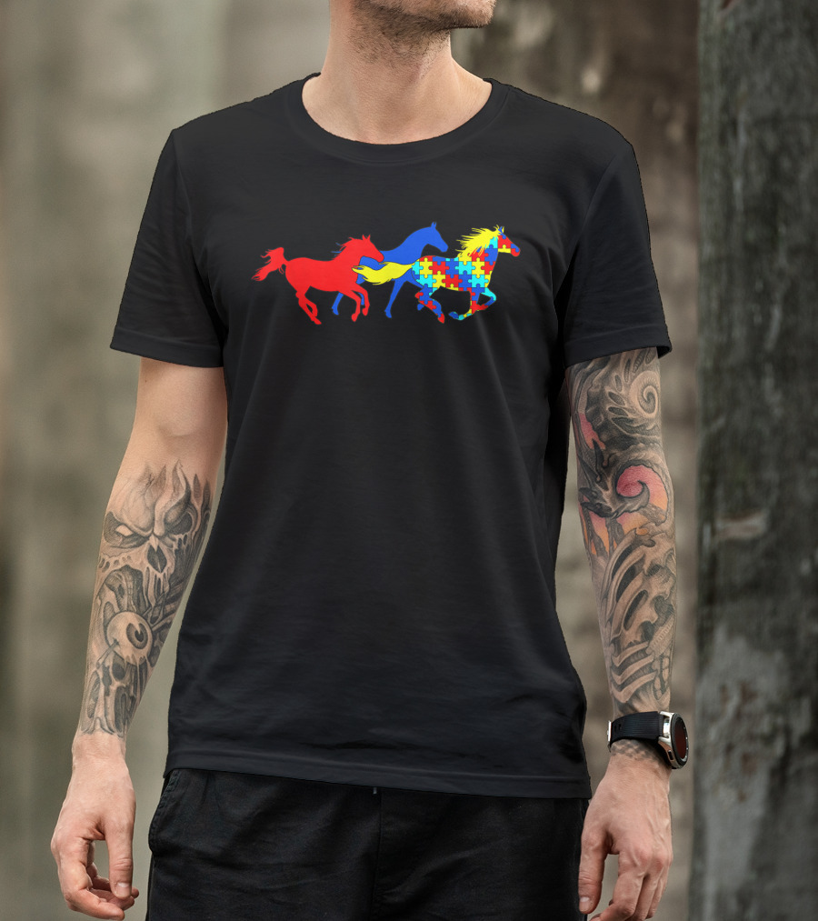 Autism Awareness Puzzle Pattern Horses Running T-Shirt