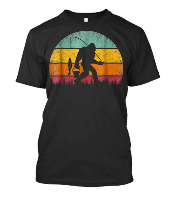 Bigfoot Fishing Under Vibrant Sunset Forest T-Shirt