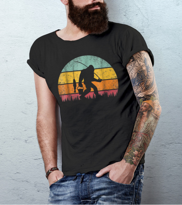 Bigfoot Fishing Under Vibrant Sunset Forest T-Shirt