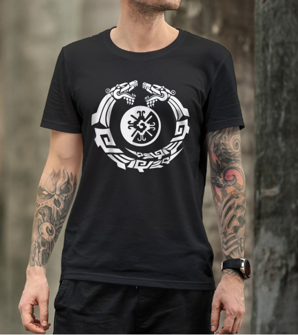Aztec Quetzalcoatl Serpent Emblem With Ancient Symbol In Monochrome T-Shirt
